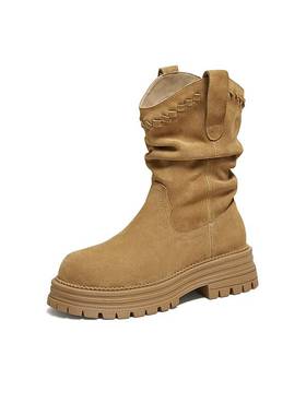 卢昱晓同款TATA他她靴子西部靴厚底堆堆靴复古中筒时装靴CHT01DS5