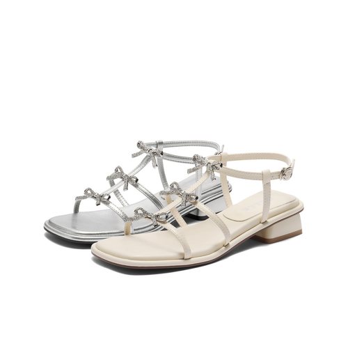 百丽闪耀水钻蝴蝶结一字带凉鞋女2025夏新优雅方跟凉鞋B2668BL5