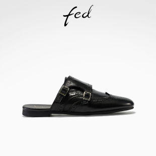 fed黑色布洛克雕花半拖夏季新款女鞋舒适低跟时尚凉拖女款GTX266