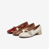 百思图2024秋季 RD21ACQ4 方头粗跟浅口女单鞋 商场新款 气质玛丽珍鞋