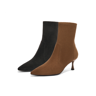 百丽Belle女鞋子24冬季细高跟优雅时装靴子绒面短靴B8A1DDZ4