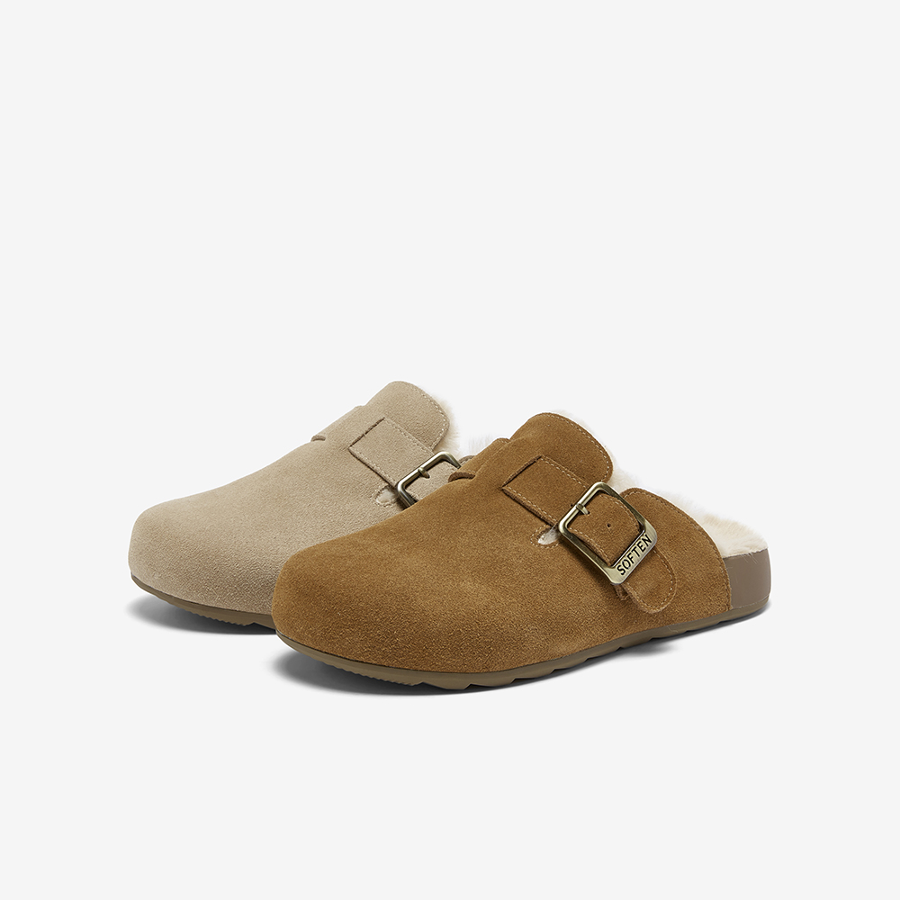 百思图2025冬季新款真皮厚底勃肯鞋加绒保暖女毛毛鞋拖鞋D3788DH5