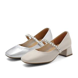 百丽Belle女鞋子24秋季优雅单鞋粗高跟银色法式玛丽珍B2112CQ4预