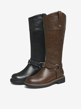 百思图2024冬季新款潮酷扣带骑士靴高筒女棕色长筒靴W2088DG4