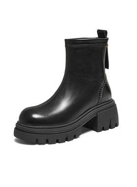 TATA他她靴子2025新款时装靴短靴女黑色厚底弹力短筒靴CHW01DD5