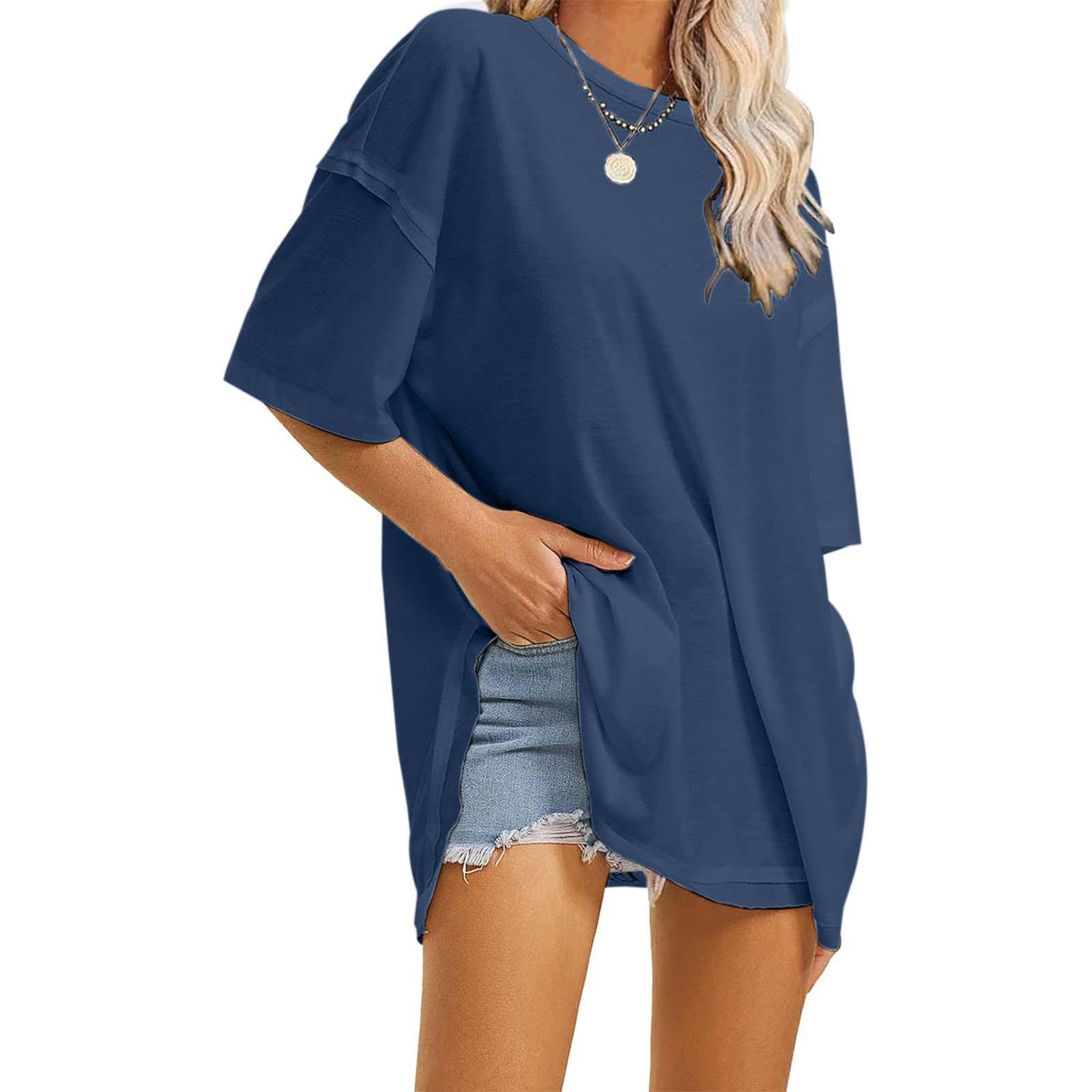 Womens solid color round neck loose T-shirt with slits on