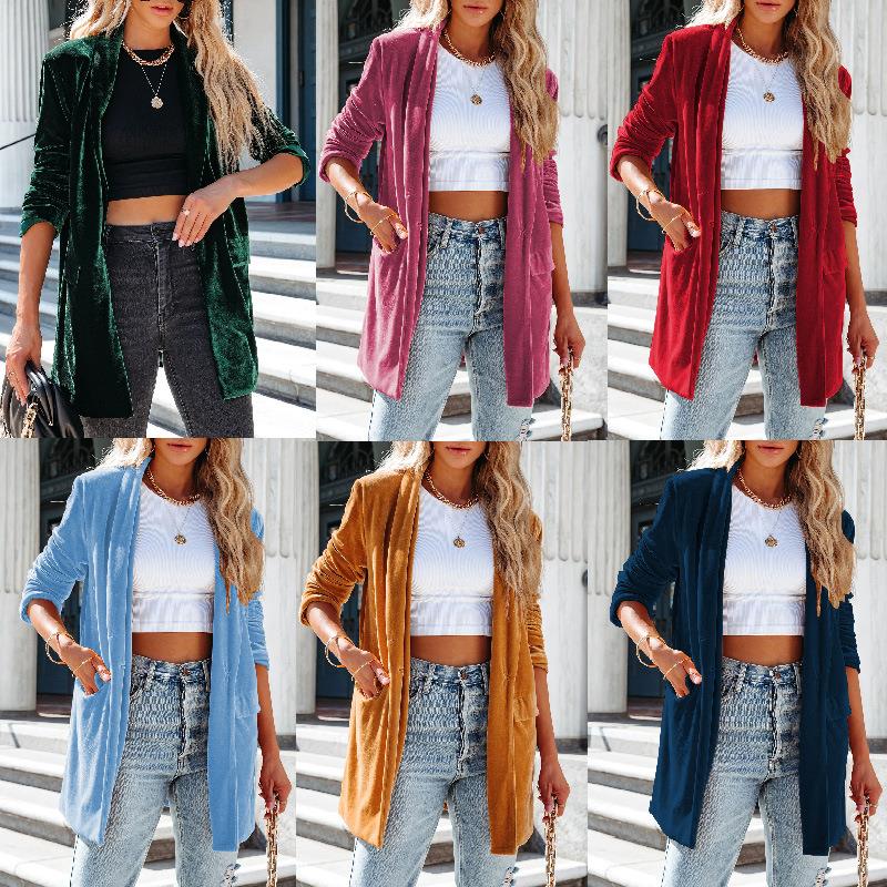 women jackets solid color long velvet jacket casual