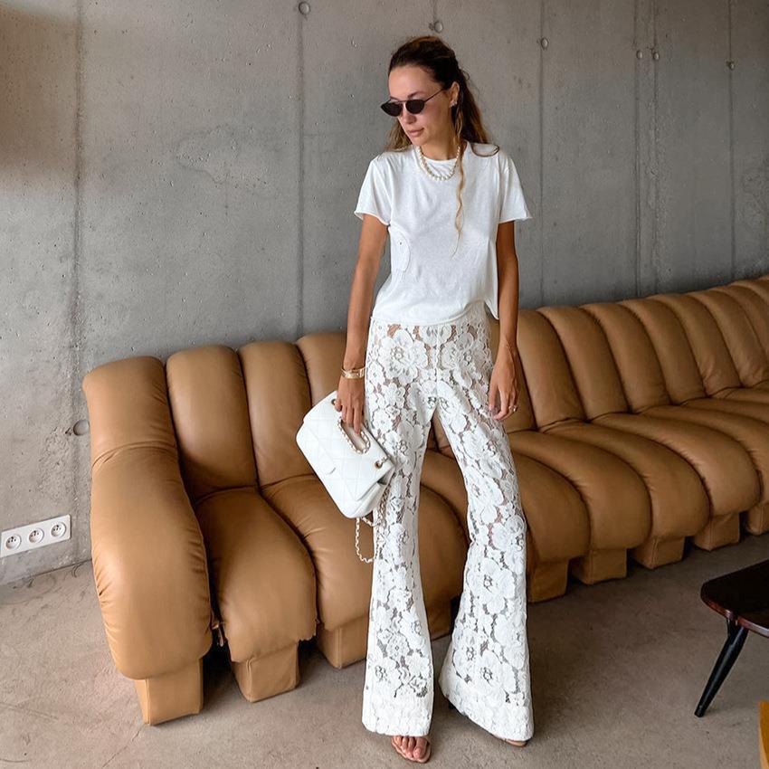 Jacquard flared pants womens jacquard lace flower hollow