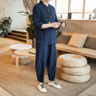 男士 2025夏季 漢服短袖 新款 中國風棉麻休閑寬松兩件套 套裝 亞麻唐裝