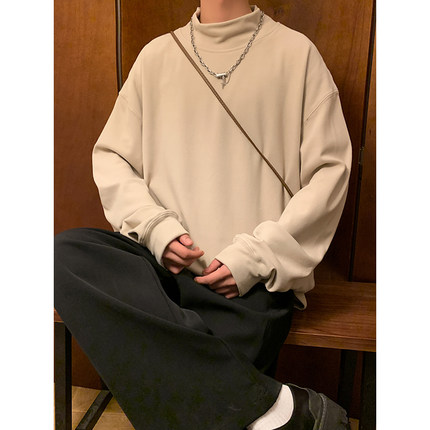 长袖t恤男冬季加厚双面德绒打底衫青少年潮流宽松半高领保暖内搭