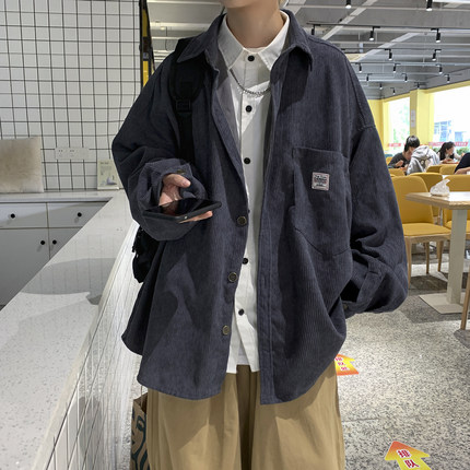 灯芯绒长袖衬衫男春秋大码男装男士上衣春季加绒加厚保暖衬衣外套