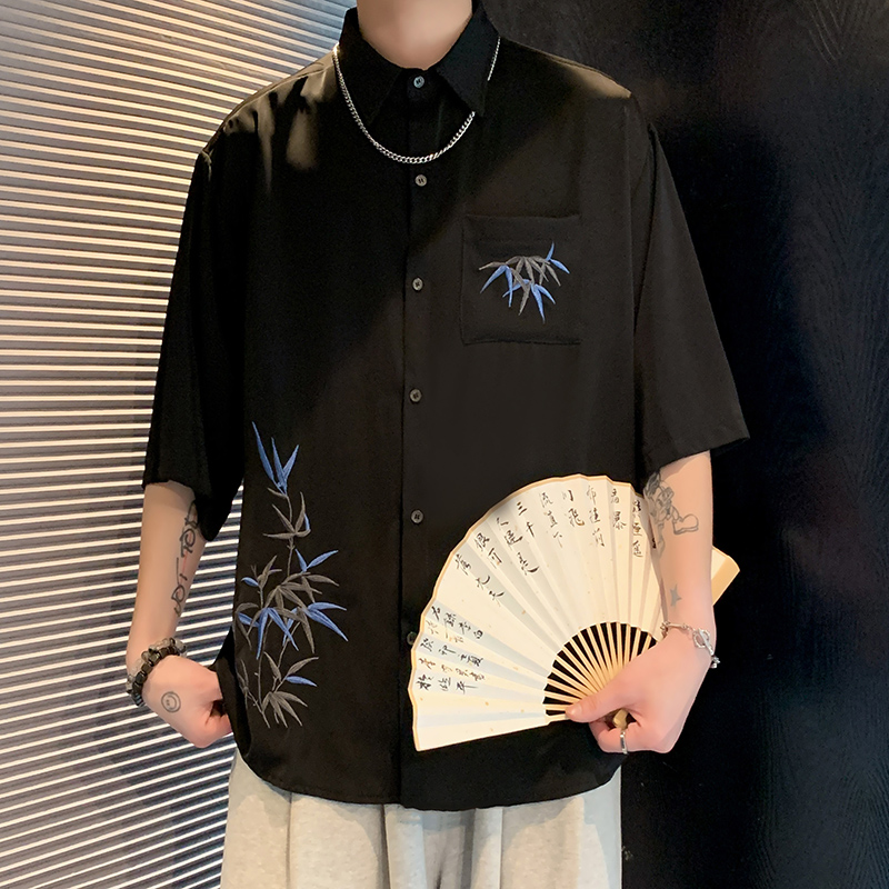 冰丝短袖衬衫夏季新中式痞帅上衣
