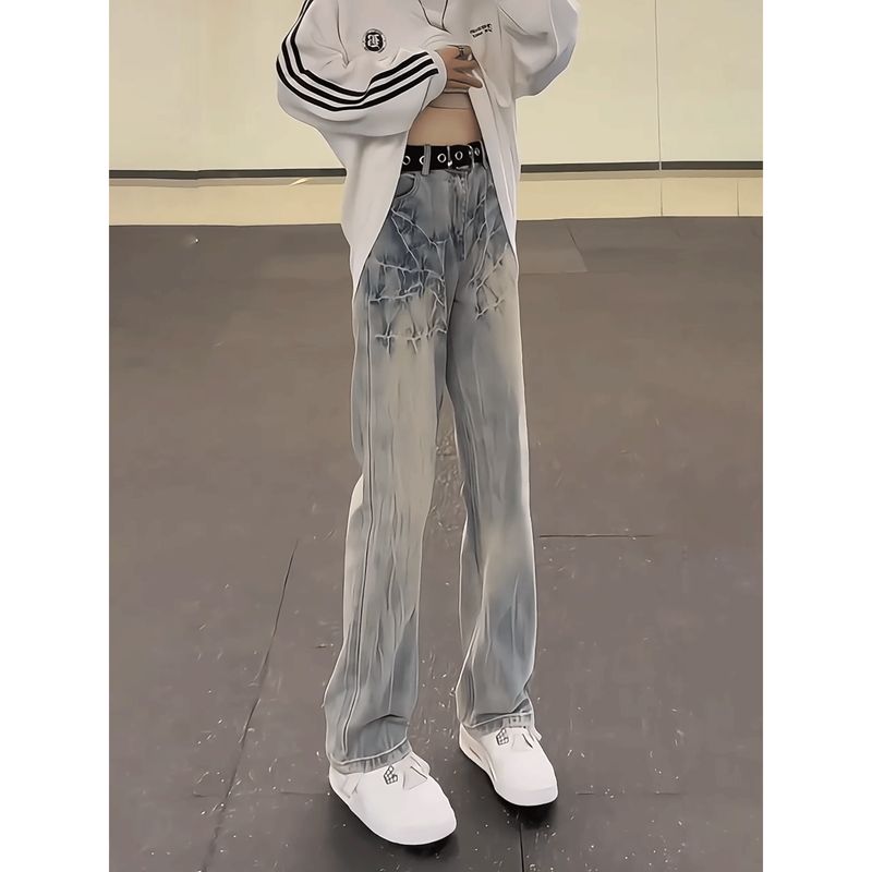 浅蓝色闪电纹牛仔裤男款秋季美式高街vibe裤子cleanfit直筒微喇裤