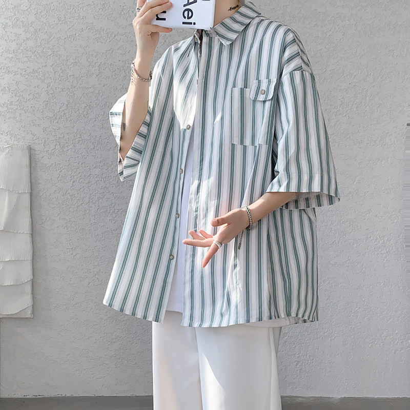 日系条纹短袖衬衫男夏季翻领衬衣