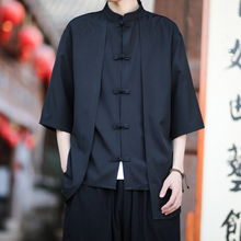 假两件唐装男夏季薄款冰丝短袖衬衫新中式男装中国风复古盘扣汉服