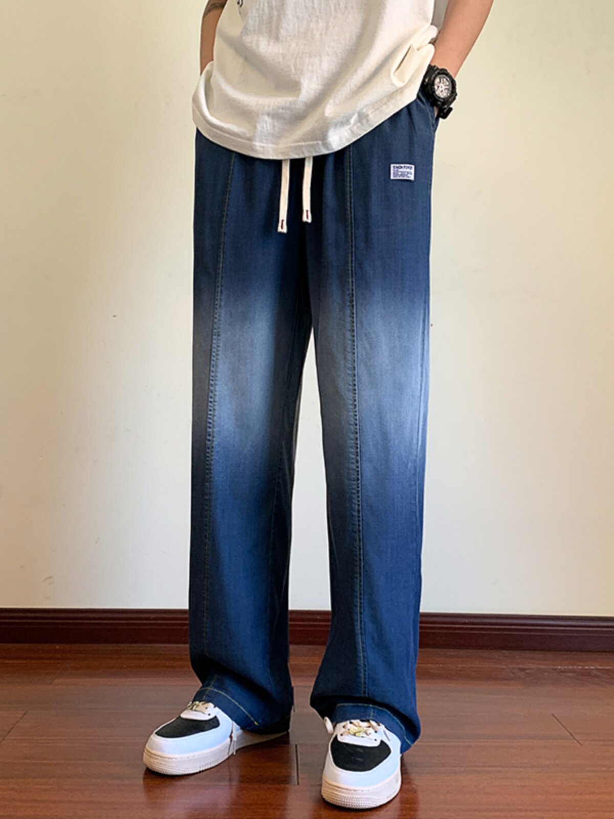 TENCEL JEANS MENS SUMMER THIN DRAPE STRAIGHT LOOSE PANTS MENS AMERICAN HIGH STREET MICRO WIDE ICE SILK PANTS TIDE