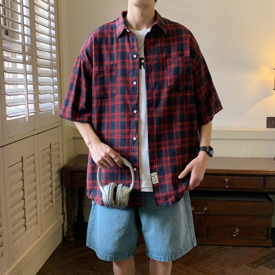格子短袖衬衫男夏季宽松大码外套