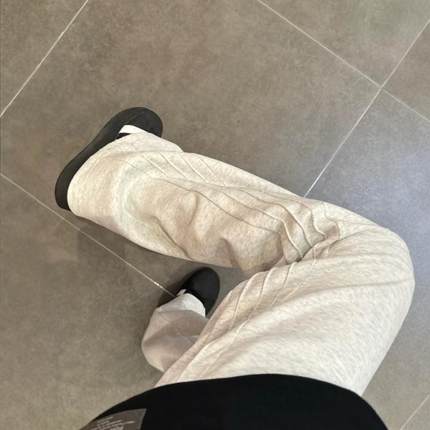 美式复古白灰色条纹运动卫裤男款秋冬季加绒直筒宽松休闲阔腿长裤