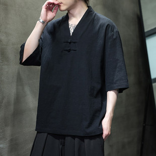 v領(lǐng)棉麻上衣新中式 男裝 t恤男夏季 中國風(fēng)改良唐裝 漢服 薄款 亞麻短袖