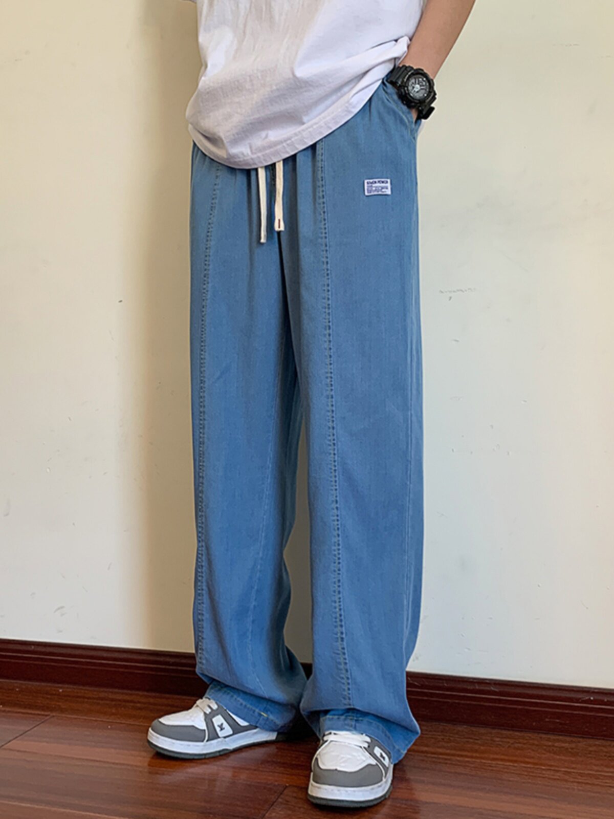 TENCEL JEANS MENS SUMMER THIN DRAPE STRAIGHT LOOSE PANTS MENS AMERICAN HIGH STREET MICRO WIDE ICE SILK PANTS TIDE