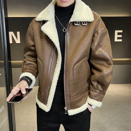 棉服男款冬季加绒加厚羊羔绒棉衣美式复古棉袄皮毛一体羊羔毛外套