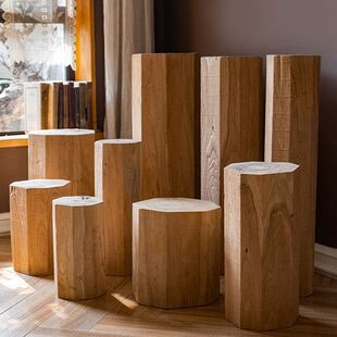 北欧实木边几客厅几何柱子艺术装饰花几设计师展厅展示架原木树墩