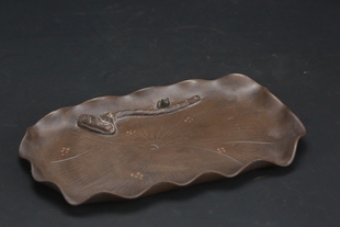 日本回流茶道具创汇外销紫砂盘 原矿老紫泥蛙文荷叶形壶承干泡台