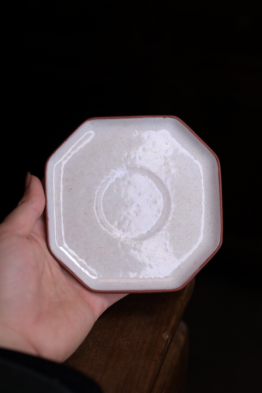 古器物晚清民国 外紫泥内白釉宜兴紫砂八方形茶盘杯盘 工夫茶壶承