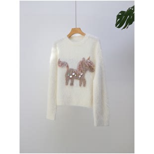 baby羊驼毛小众高级重工立体亮片小马圆领毛衣针织衫