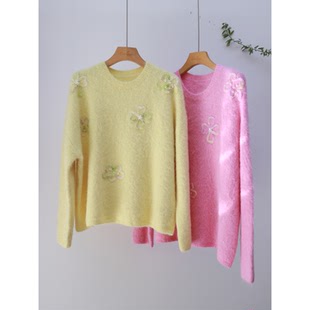 软糯立体花朵baby羊驼毛圆领套头重工绣花毛衣宽松慵懒软糯针织衫