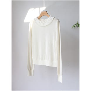 镂空针织长袖羊毛女薄款娃娃领毛衣宽松显瘦百搭上衣