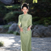 显瘦连衣裙 日常可穿气质高端绝美年轻款 新中式 绿色旗袍2026年新款