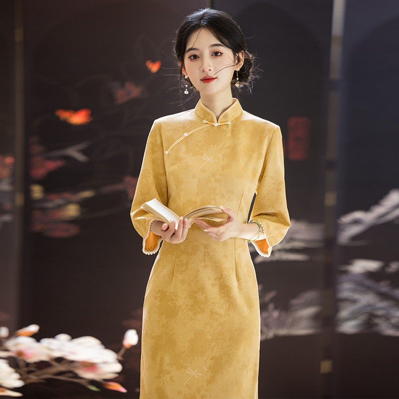 黄色复古国风新中式倒大袖旗袍裙