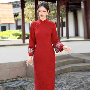 红色新娘旗袍敬酒服长袖加绒加厚2025冬装新年轻款拜年服新年战袍