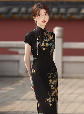 新中式黑色印花旗袍复古长款夏季气质高级感港风修身复古中国风女