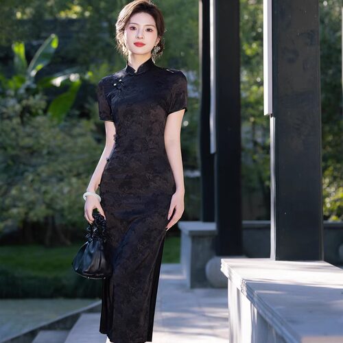 黑色复古民国风年轻款少女旗袍