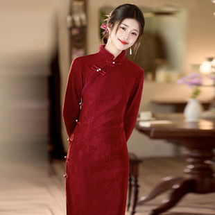 2025新款 加绒加厚旗袍女新中式 敬酒服新年战袍拜年服 长袖 红色冬款