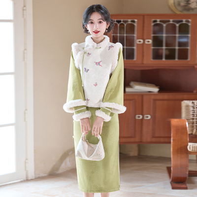 冬季加绒改良旗袍马甲套装拜年服