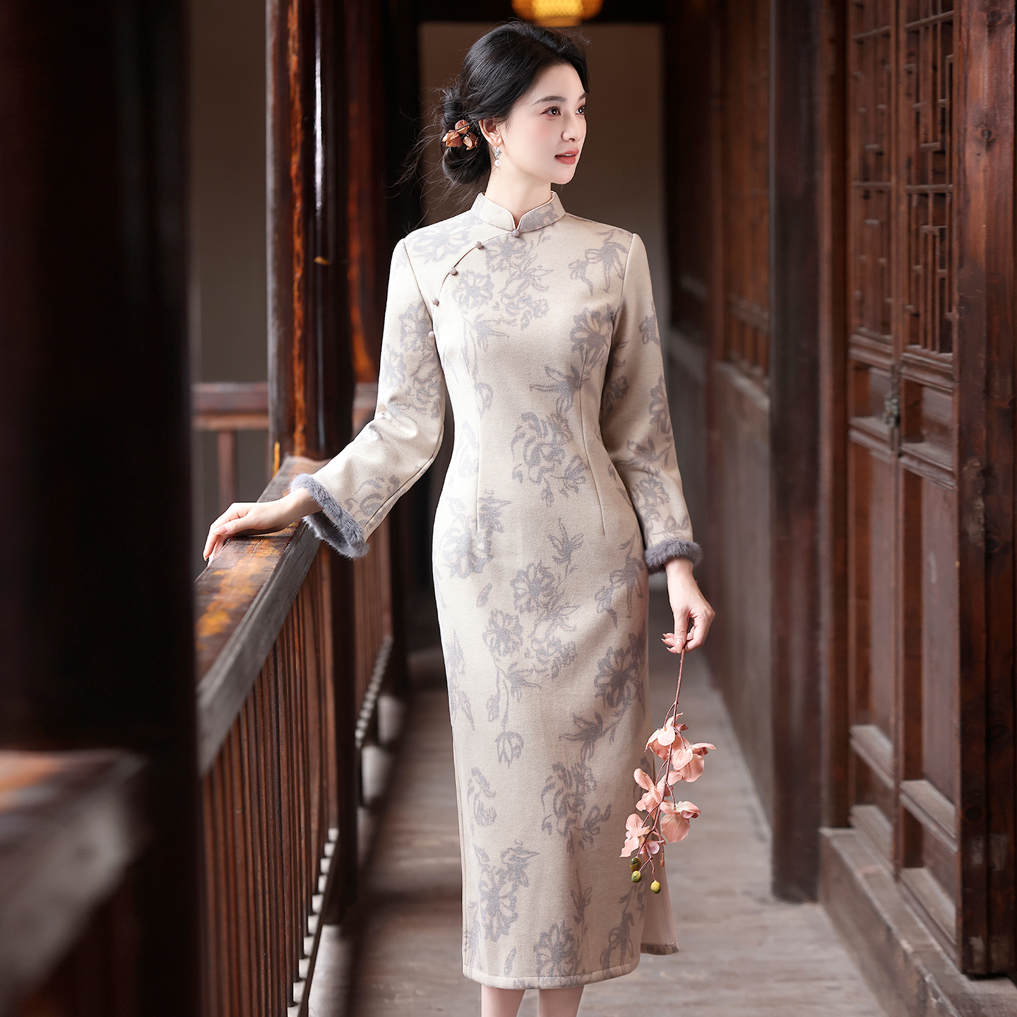 新中式复古国风冬款长袖加绒旗袍