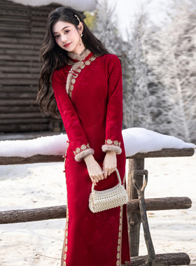 红色新中式旗袍敬酒服回门装2025冬装长袖加绒加厚新年战袍拜年服