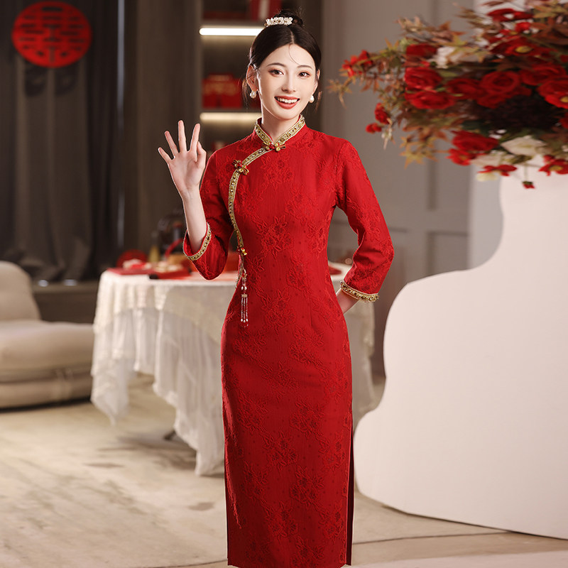 红色旗袍敬酒服2025年新款新娘结婚年轻款中袖订婚连衣裙女回门服