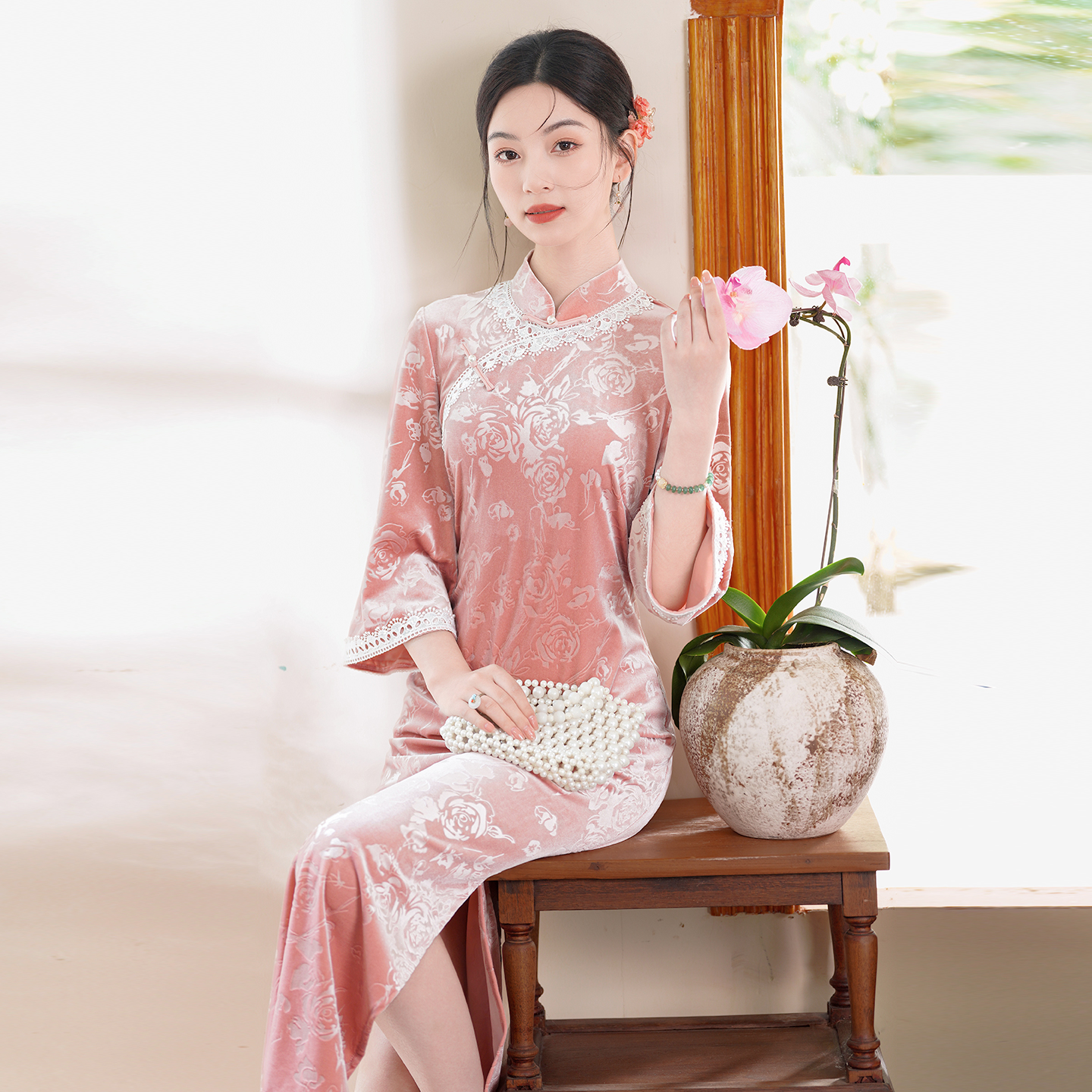粉色新中式复古风淑女范显瘦旗袍