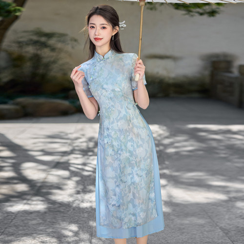 新中式复古国风改良奥黛旗袍优雅