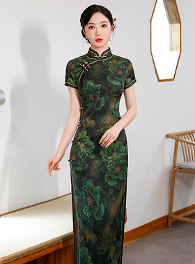 绿色老上海长旗袍2025年新款中国风复古高端显瘦短袖性感气质优雅