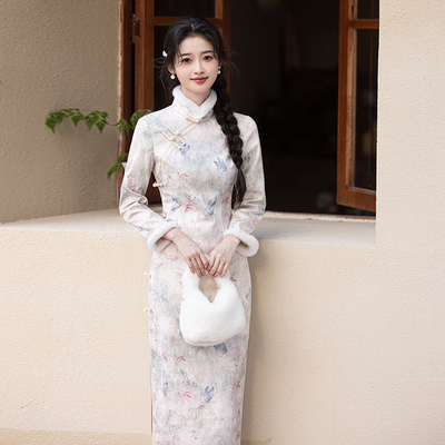 新中式冬款加绒加厚长袖保暖旗袍