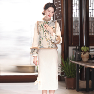 改良冬款长袖加绒旗袍马甲两件套