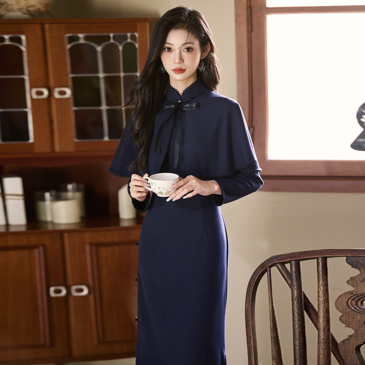 新中式复古国风旗袍披肩斗篷套装