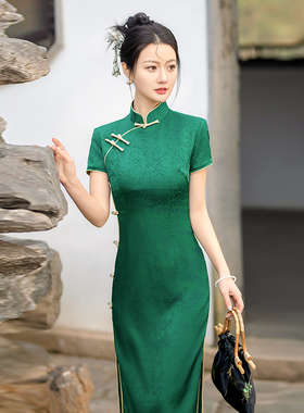 绿色高考送考改良旗袍修身显瘦长款复古中国风老上海日常可穿优雅