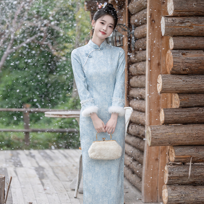 蓝色长袖加绒冬款旗袍2025新款