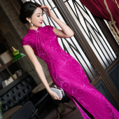 走秀演出连衣裙 少女2026新复古中国风短袖 长款 改良蕾丝旗袍年轻款